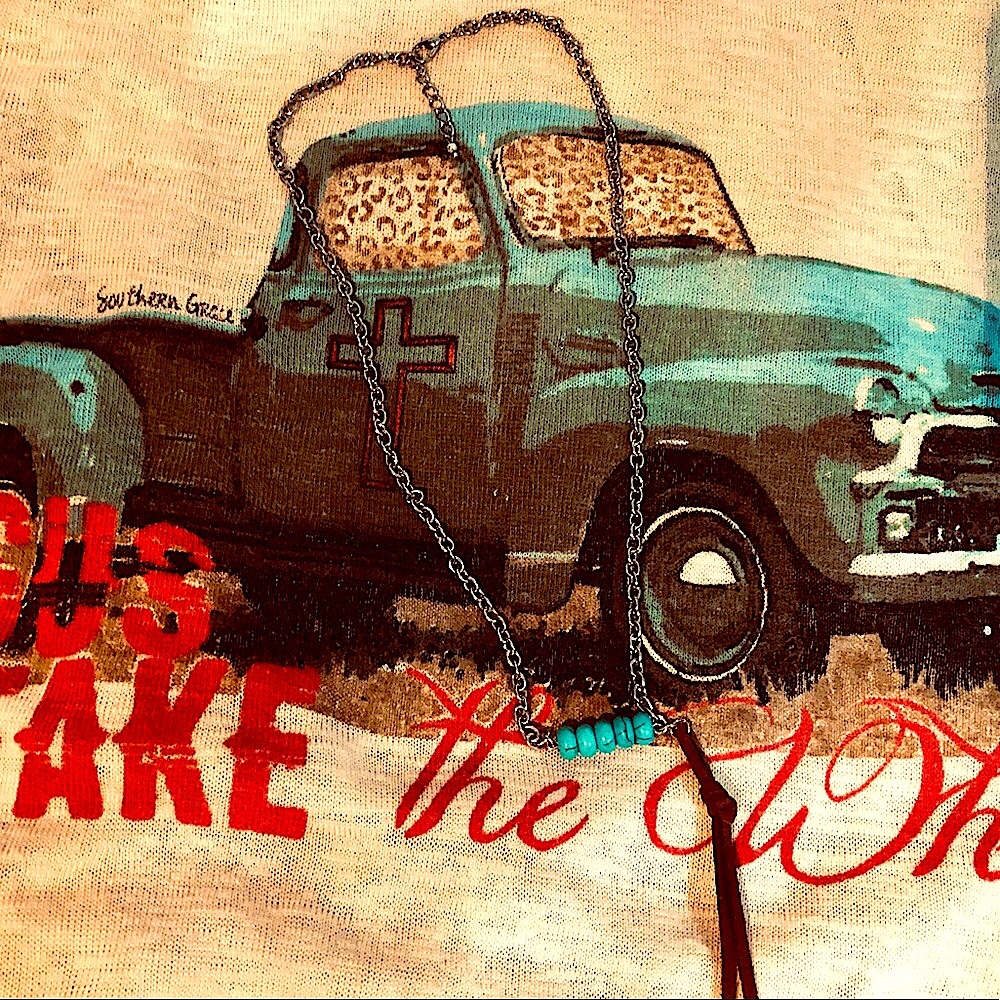 TURQUOISE BAR NECKLACE With LEATHER TASSEL ON SILVER CHAIN - Picture 2 of 3